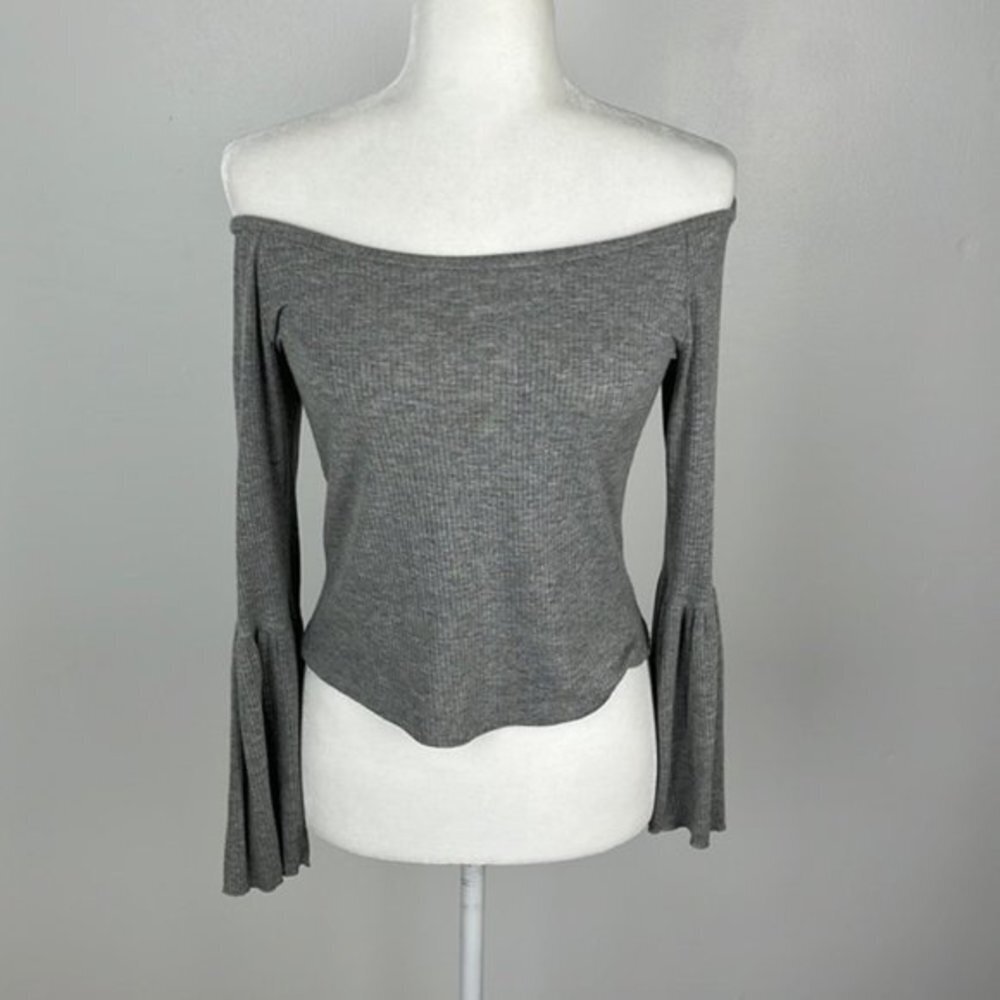 See You Monday Grey Bell Sleeve Off Shoulder Top Size Large